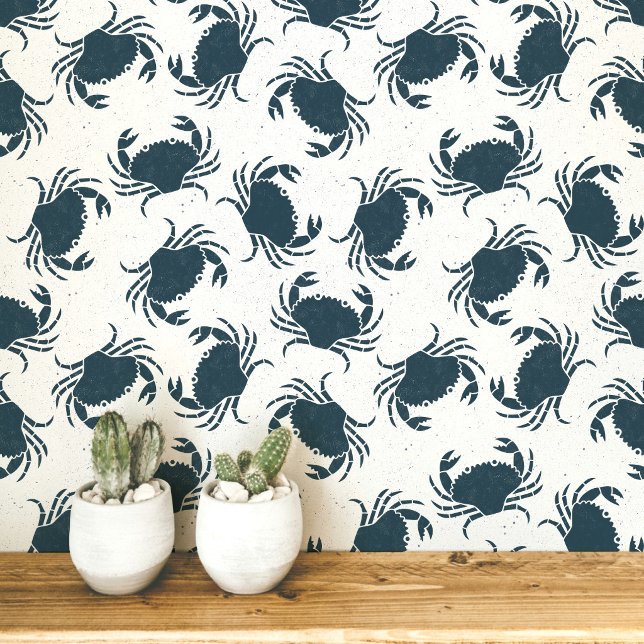 Krab Indigo Blauw en Wit Kustpatroon Behang (Indigo blue and white Lino block print style crab crustacean peel and stick wallpaper)