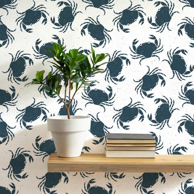 Krab Indigo Blauw en Wit Kustpatroon Behang (Indigo blue and white Lino block print style crab crustacean peel and stick wallpaper)