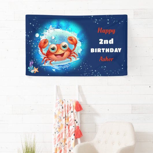 Krab Navy Blue Boy Pool Party Zomer 2e Verjaardag Spandoek (Insitu)