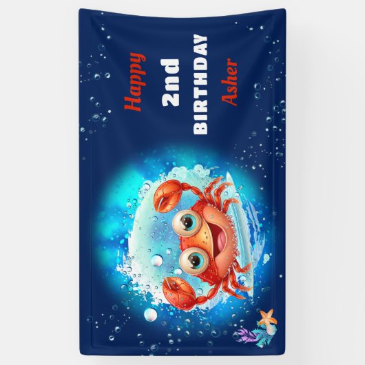 Krab Navy Blue Boy Pool Party Zomer 2e Verjaardag Spandoek (Verticaal)