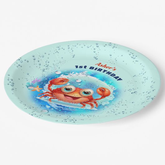 Krab Pool Blauw 1e Verjaardagsfeestje Jongen aange Papieren Bordje (Gekanteld)