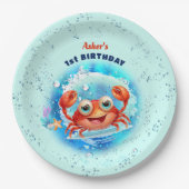 Krab Pool Blauw 1e Verjaardagsfeestje Jongen aange Papieren Bordje (Voorkant)