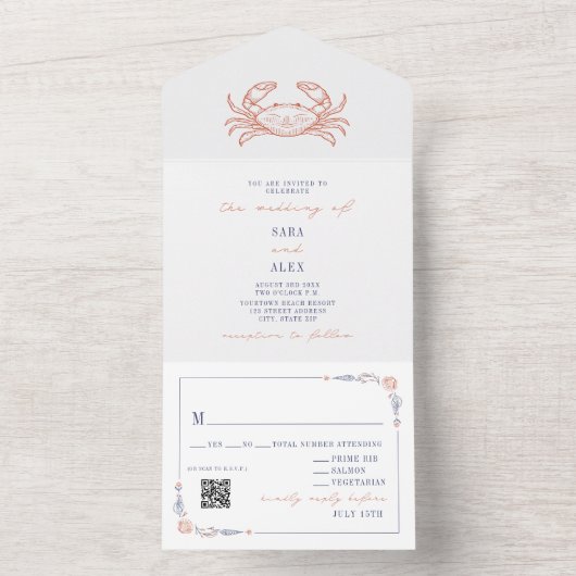  krab rood & blauw RSVP strand QR bruiloft All In One Uitnodiging (Binnen)