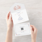 Krab rustiek strand bruiloft rood & blauw QR-code  All In One Uitnodiging (Afscheurbaar)