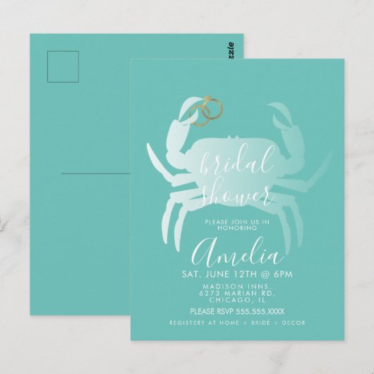 Krab Schaaldier Teal Oceaan Bruidsdouche Briefkaart (Voorkant / Achterkant)