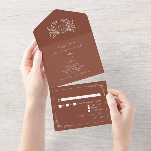 Krab Terracotta RSVP Boerderij Bruiloft All In One Uitnodiging (Afscheurbaar)