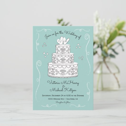 Krabbelige schets funky trouwtaart kaart (Staand voorkant)