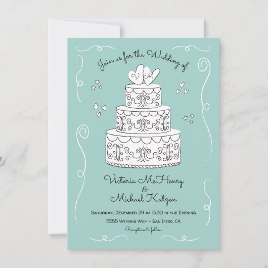 Krabbelige schets funky trouwtaart kaart (Voorkant)