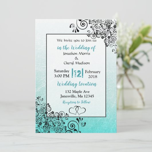 Krabbelige Turquoise en Zwarte Script Trouwkaarten Kaart (Staand voorkant)