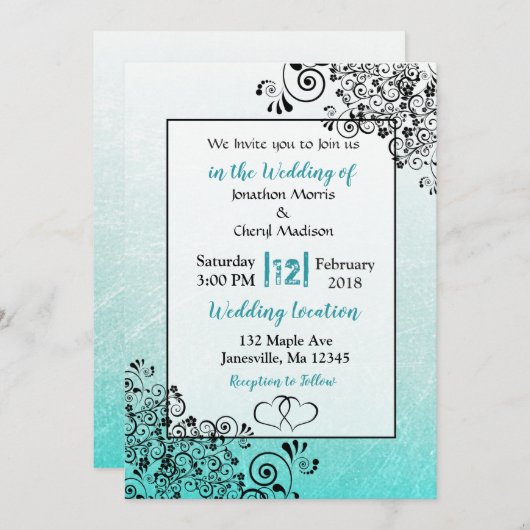 Krabbelige Turquoise en Zwarte Script Trouwkaarten Kaart (Voorkant / Achterkant)