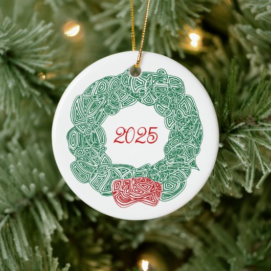 Krabbelprint Krans - Wit, op Rood Keramisch Ornament (Boom)