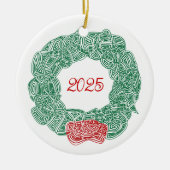 Krabbelprint Krans - Wit, op Rood Keramisch Ornament (Voorkant)