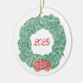 Krabbelprint Krans - Wit, op Rood Keramisch Ornament (Links)