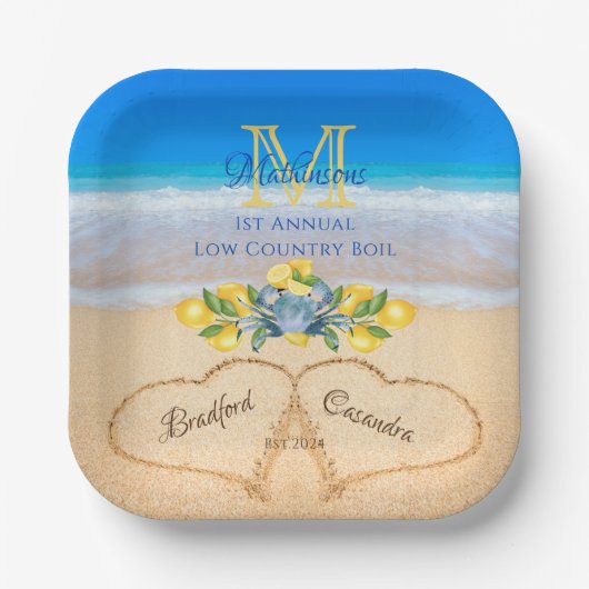 Krabben en Lemon Wedding Hearts in zand Papieren Bordje (Voorkant)