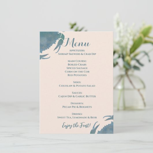 Krabfeest| Waterverf Blauwe Krab, Pensioenfeest Menu (Staand voorkant)