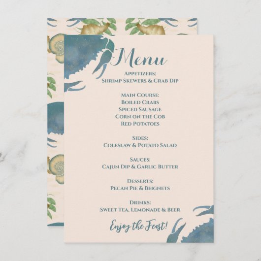 Krabfeest| Waterverf Blauwe Krab, Pensioenfeest Menu (Voorkant / Achterkant)