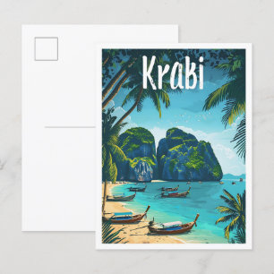 Krabi Thailand Vintage Kunst Reizen Illustratie Briefkaart
