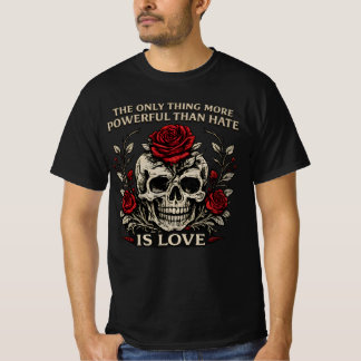 Kracht van liefde vintage schedel & rode rozen gra t-shirt