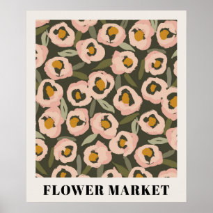 Krachtig Bloemmotief met Inktstrepen   Handgeteken Poster