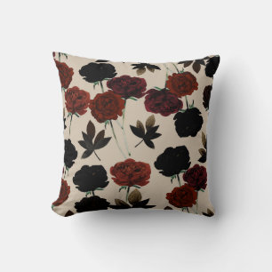 Krachtig donker bloemmotief Rood & Zwart Beige Bot Kussen