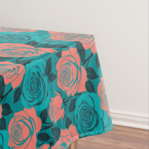 Krachtig gestileerde rozen in tinten turquoise en  tafelkleed