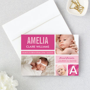 Krachtig Roze Moderne Kleurblok Baby Meisje Geboor Aankondiging