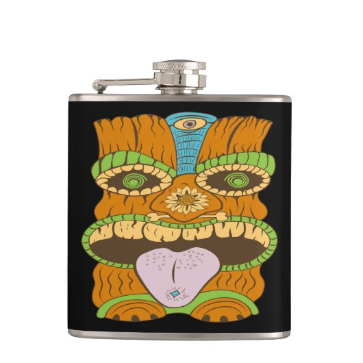 Krachtig Tiki-beeld in psychedelische stemming, gr Heupfles (Voorkant)