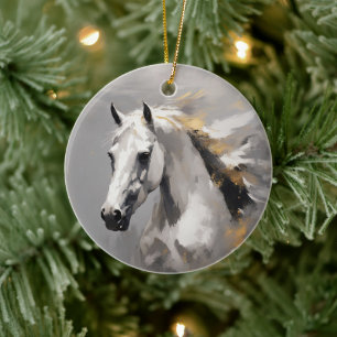 Krachtig wit paard portret olie-effect keramisch ornament