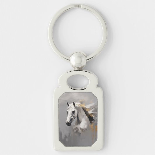 Krachtig wit paard portret olieverf effect sleutelhanger (Voorkant)