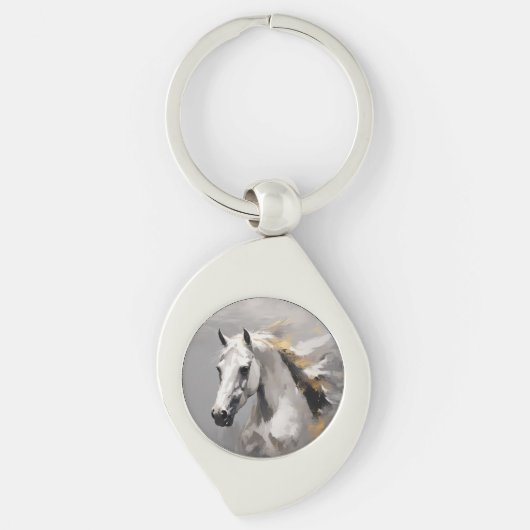 Krachtig wit paard portret olieverf effect sleutelhanger (Voorkant)