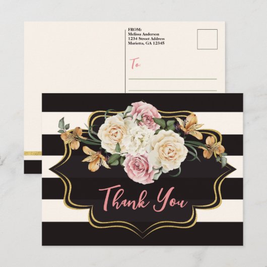Krachtig zwart, ivoorkleurige strepen, bloemen bed briefkaart (Voorkant / Achterkant)