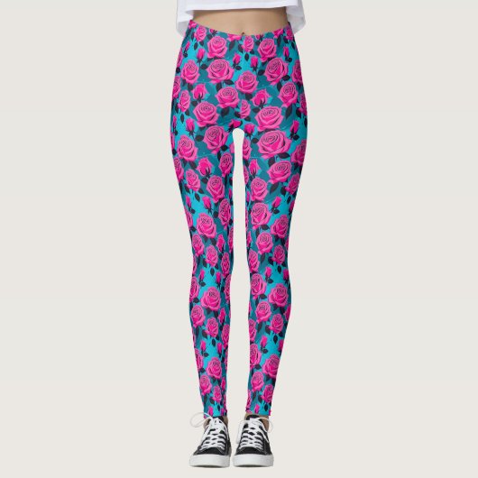 Krachtige Abstracte Rozen In Neon Roze Leggings (Voorkant)