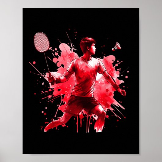 Krachtige Badmintonspeler Rood Spat Kunst Poster (Voorkant)