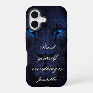 Krachtige Blauwe Leeuw Motiverende iPhone Bureaubl 16 Hoesje