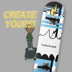 Krachtige Comic Pop Art Pastel Blauwe Bliksem Persoonlijk Skateboard