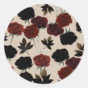 Krachtige donkere bloemmotief rood & zwart beige b ronde sticker