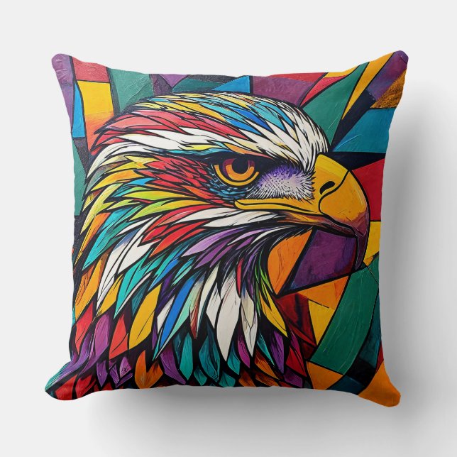 Krachtige Eagle Eye Kunstwerk met Levendige Abstra Kussen (Voorkant)
