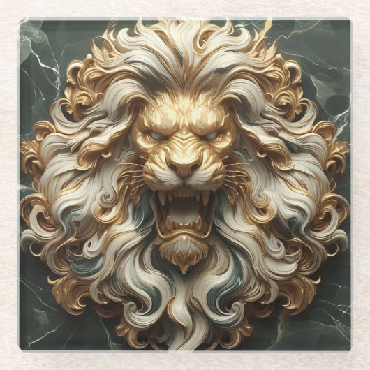 Krachtige gouden leeuw met smaragdgroene accenten glazen onderzetter (Voorkant)