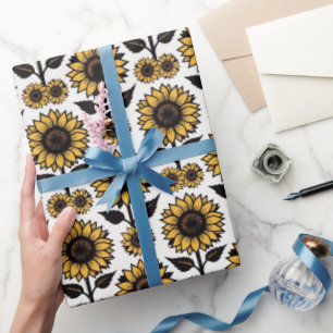 Krachtige grafische zonnebloemen in geel en zwart cadeaupapier