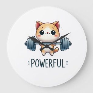Krachtige kat die gewichten tilt, grappige gym kat grote klok