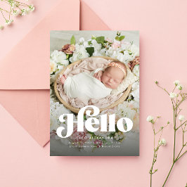 Krachtige retro hallo schattige foto roze geboorte aankondiging