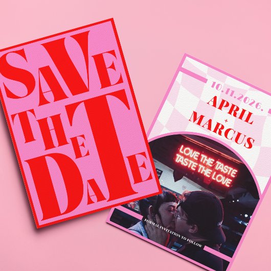 Krachtige Retro Typografie Roze Rood Levendig FOTO Save The Date