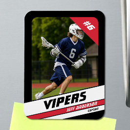 Krachtige rode zwarte lacrosse-speler fotomagneet magneet