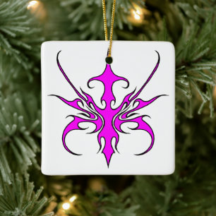 Krachtige Roze en Zwarte Tribale Lijnkunst Illustr Keramisch Ornament