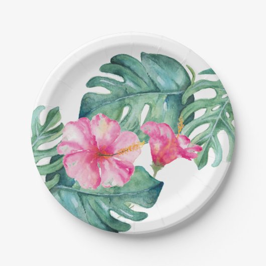 Krachtige Roze Hibiscus Tropische Waterverf Bloeme Papieren Bordje (Voorkant)