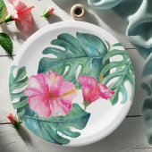 Krachtige Roze Hibiscus Tropische Waterverf Bloeme Papieren Bordje