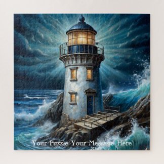 Krachtige storm die tegen een vuurtoren beukt legpuzzel