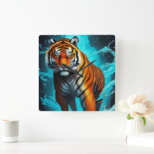 Krachtige tijger loopt over water vierkante klok