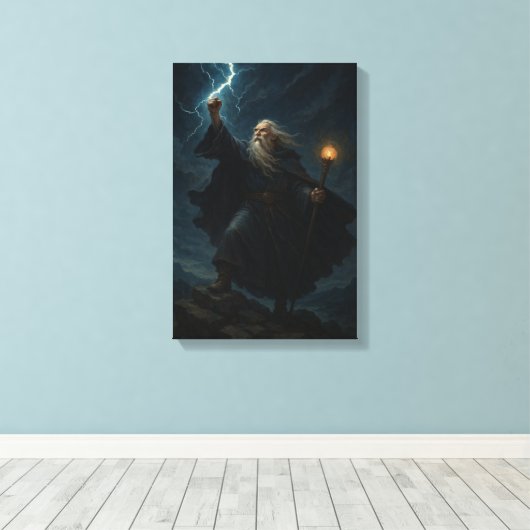 Krachtige tovenaar roept bliksem in stormachtige h canvas afdruk (Insitu (Houten vloer))