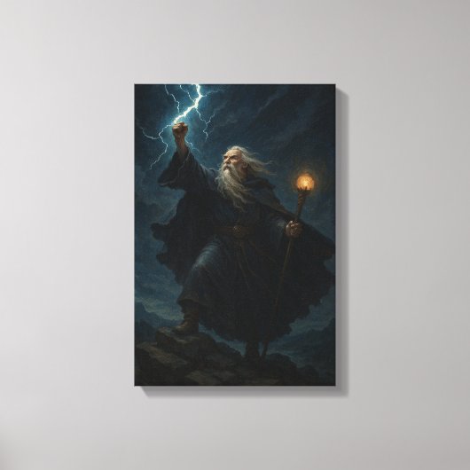 Krachtige tovenaar roept bliksem in stormachtige h canvas afdruk (Voorkant)